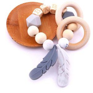 Feather Dream Catcher Baby Teething Ring, Silicone & Beech Wood, Montessori Toy